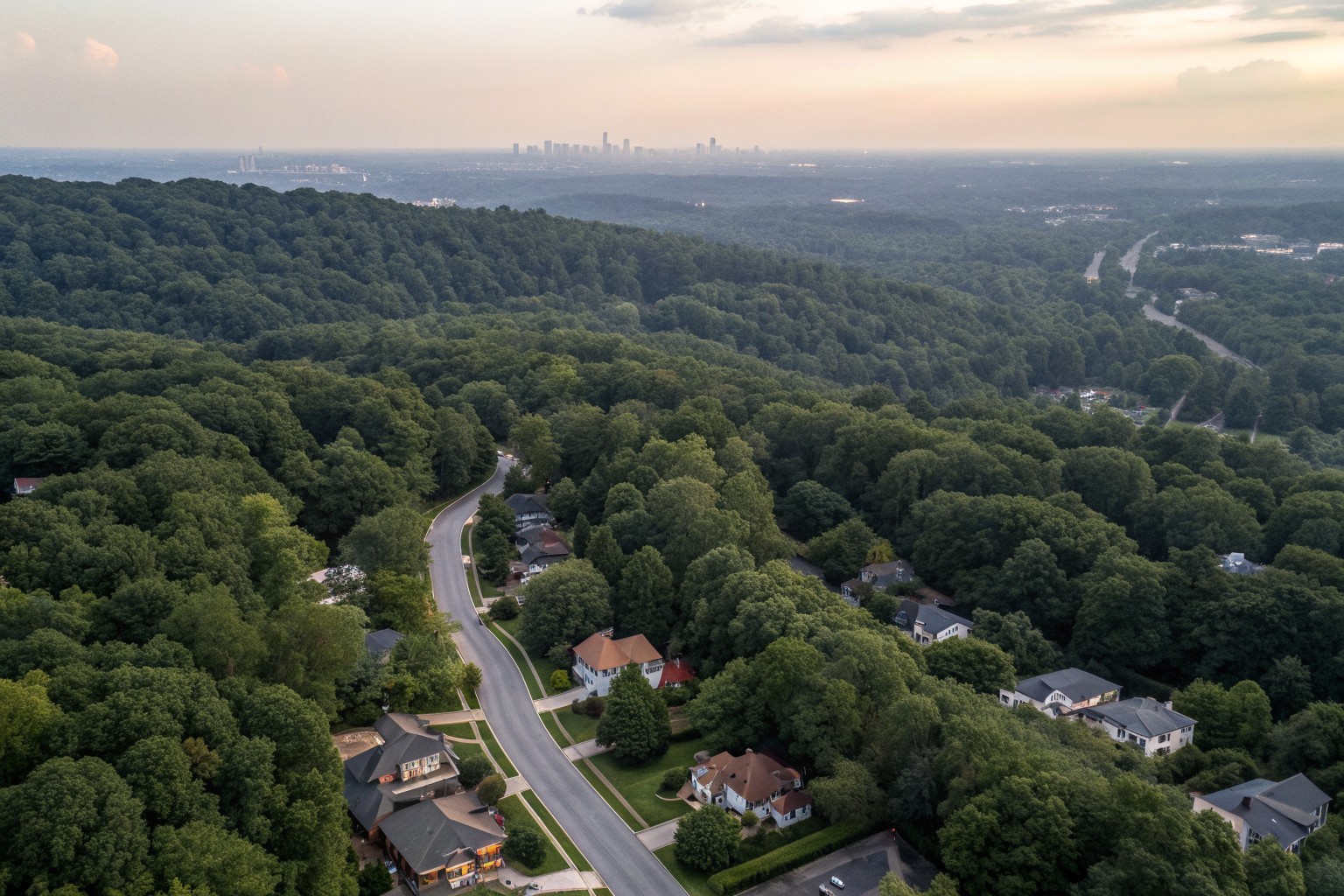 Aerial view of a hilly, tree-covered neighborhood of older houses with a skyline in the distance