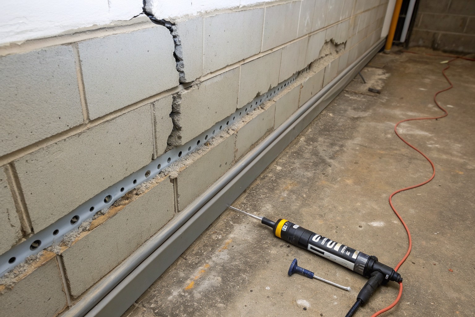 A crack in a block basement wall sealed with gray paste and a row of injection ports