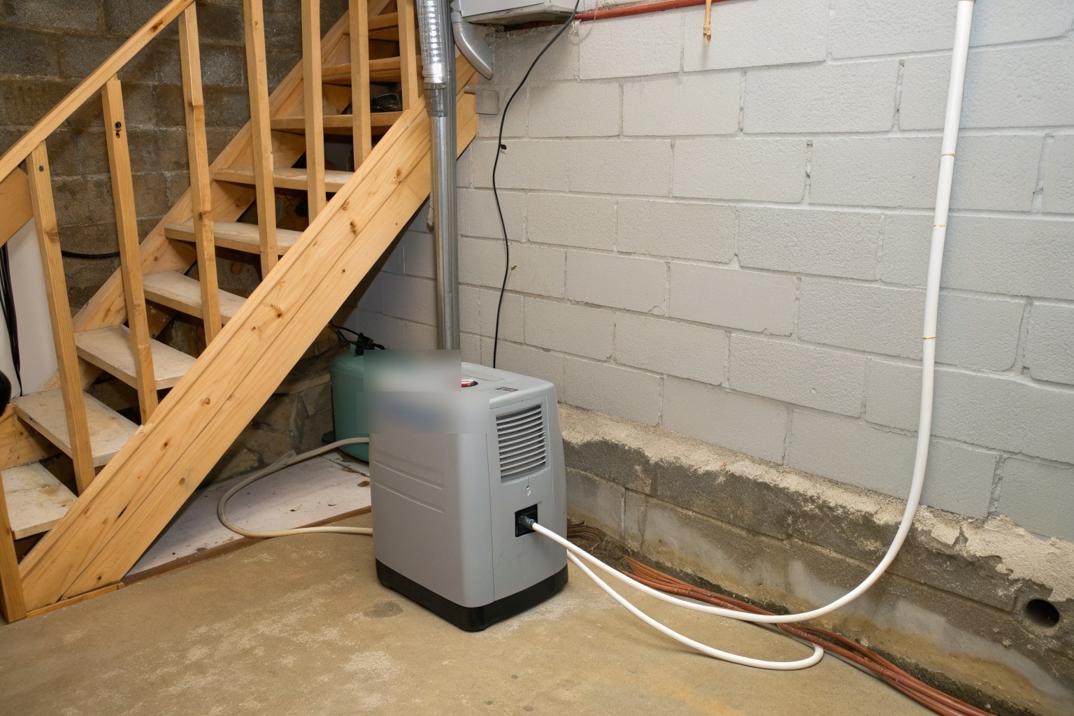 A gray dehumidifier with a drain hose under the wooden stairs of a painted block basement