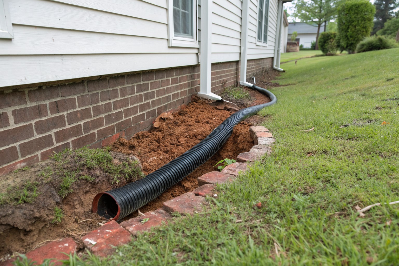A black corrugated downspout extension carrying rainwater down a grassy slope from a brick house
