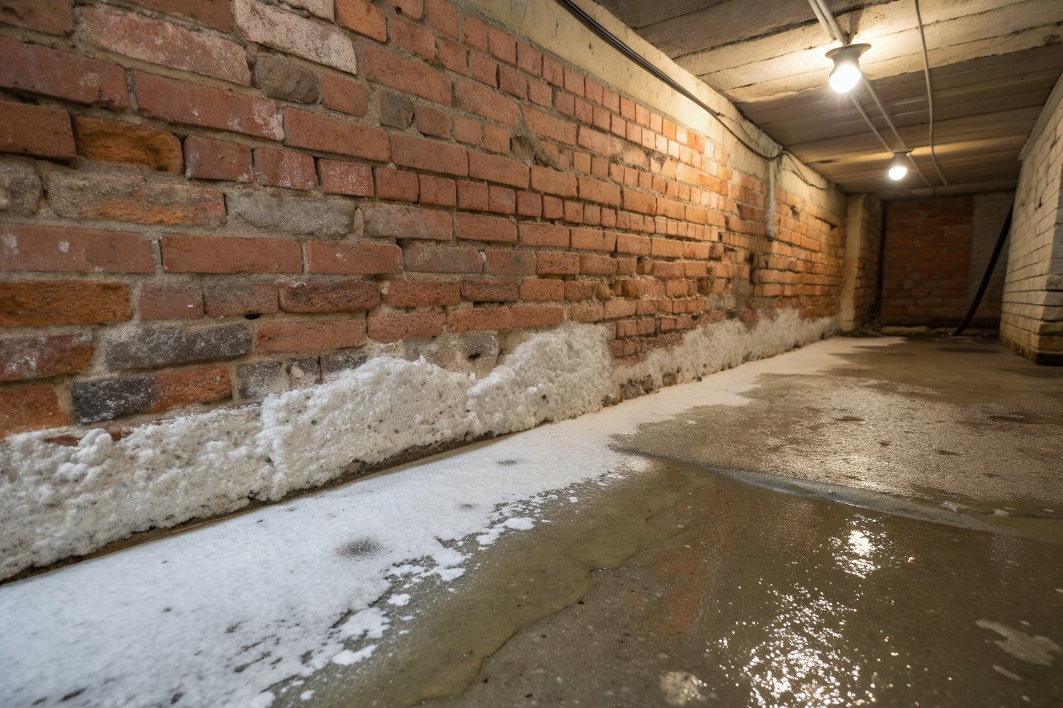 White powdery deposits and damp staining on the lower courses of an old red brick basement wall