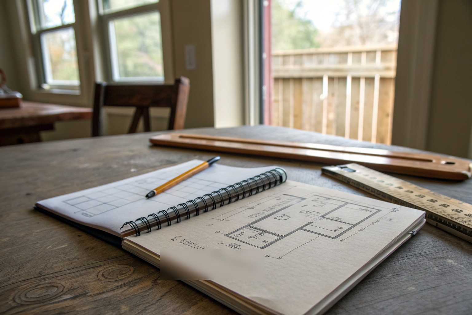 A spiral notebook with a basement floor sketch, a pencil and a folding ruler on a table