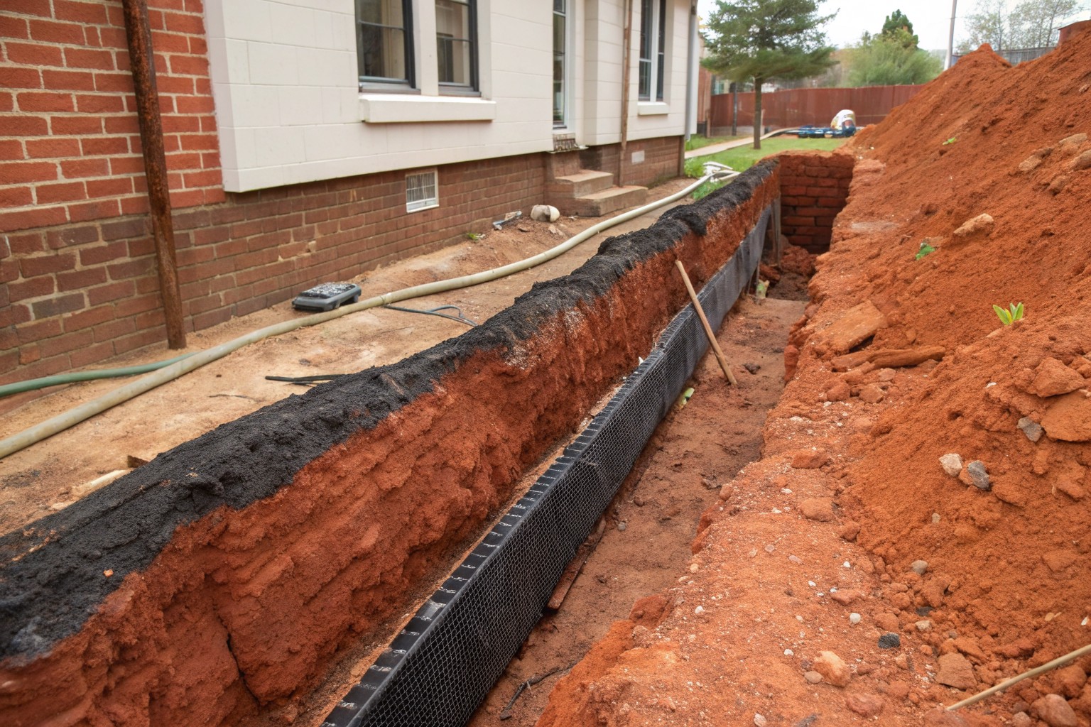 A trench dug into red clay along a brick foundation coated with black waterproofing and a drain pipe