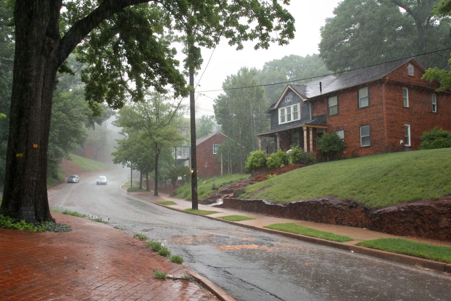 Rain rushing down the curb of a hilly street of older brick houses, carrying red clay