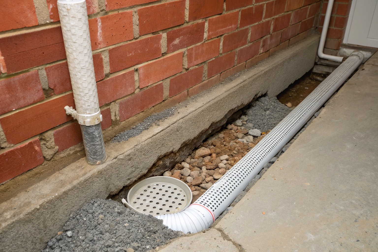 A channel cut in a basement floor along a brick wall with white perforated pipe in gravel