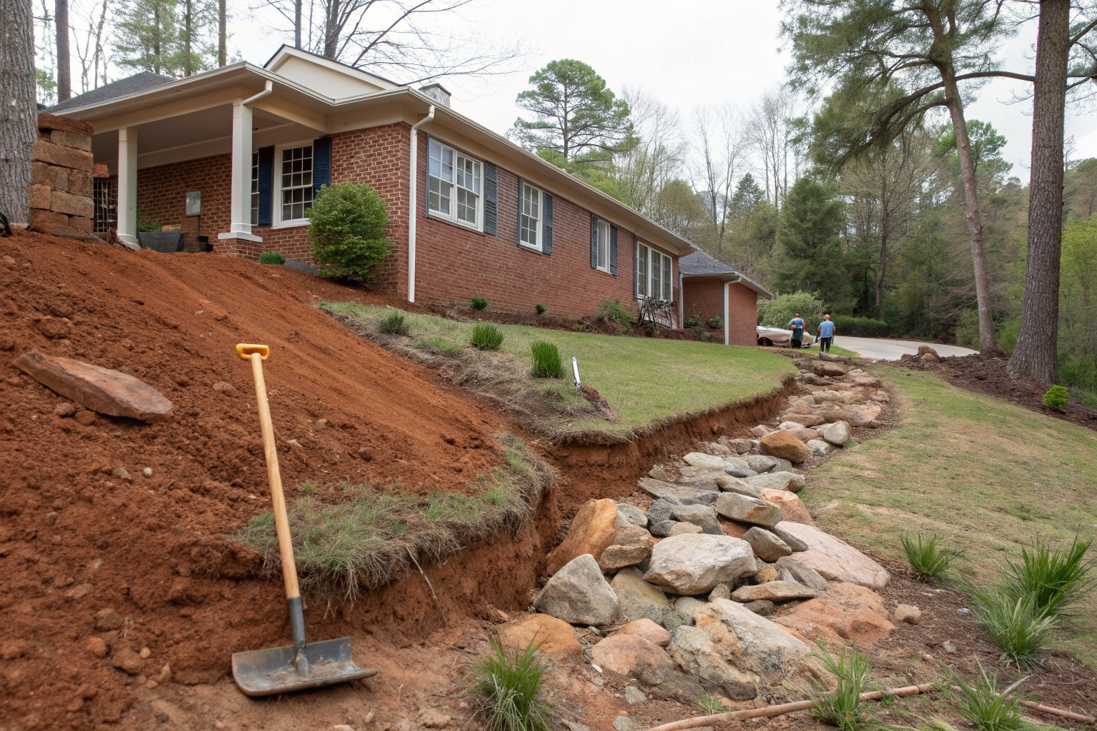 A backyard slope regraded with fresh red clay and a rock-lined swale behind a brick ranch house