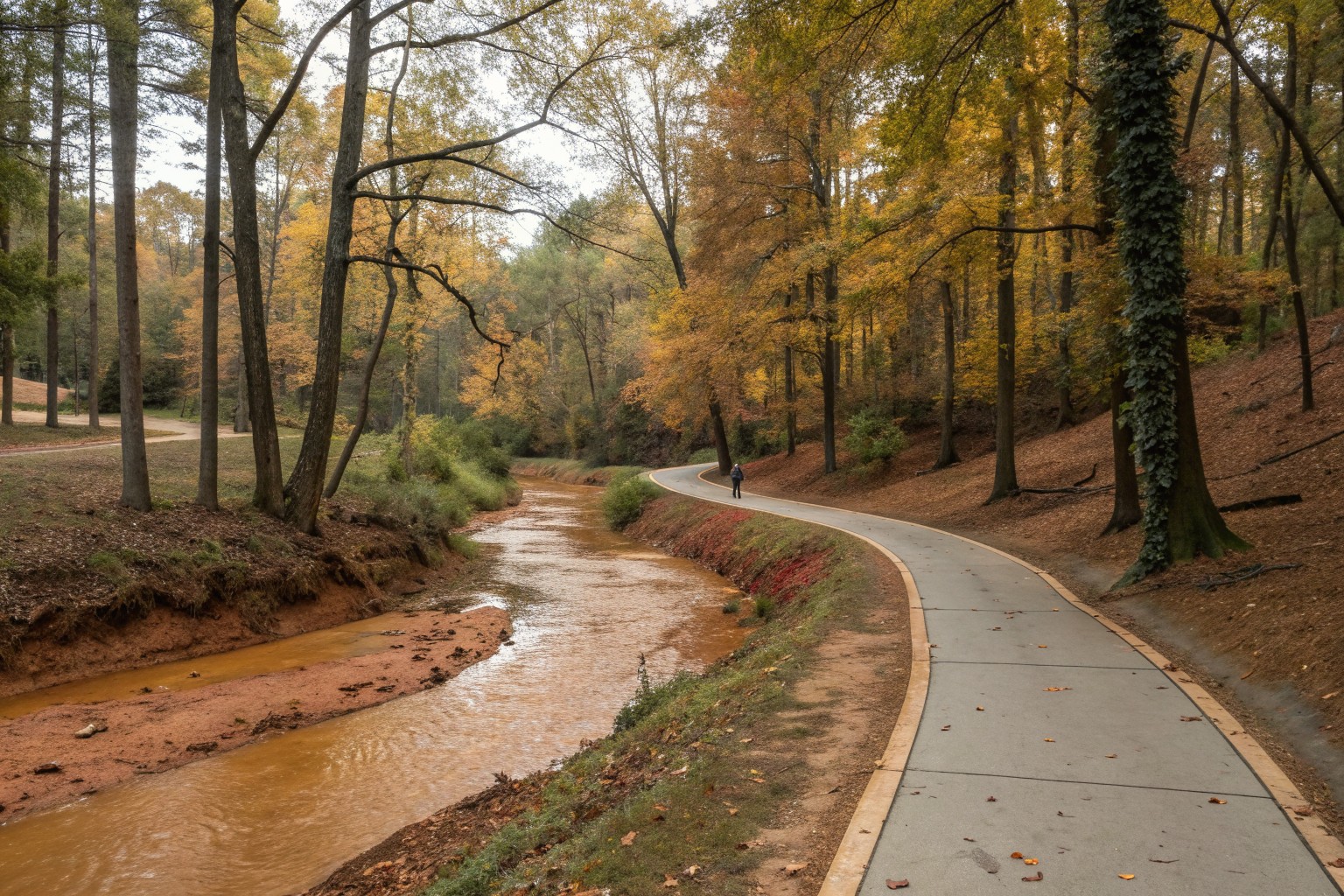 A paved greenway beside a wooded creek with red clay banks in early autumn