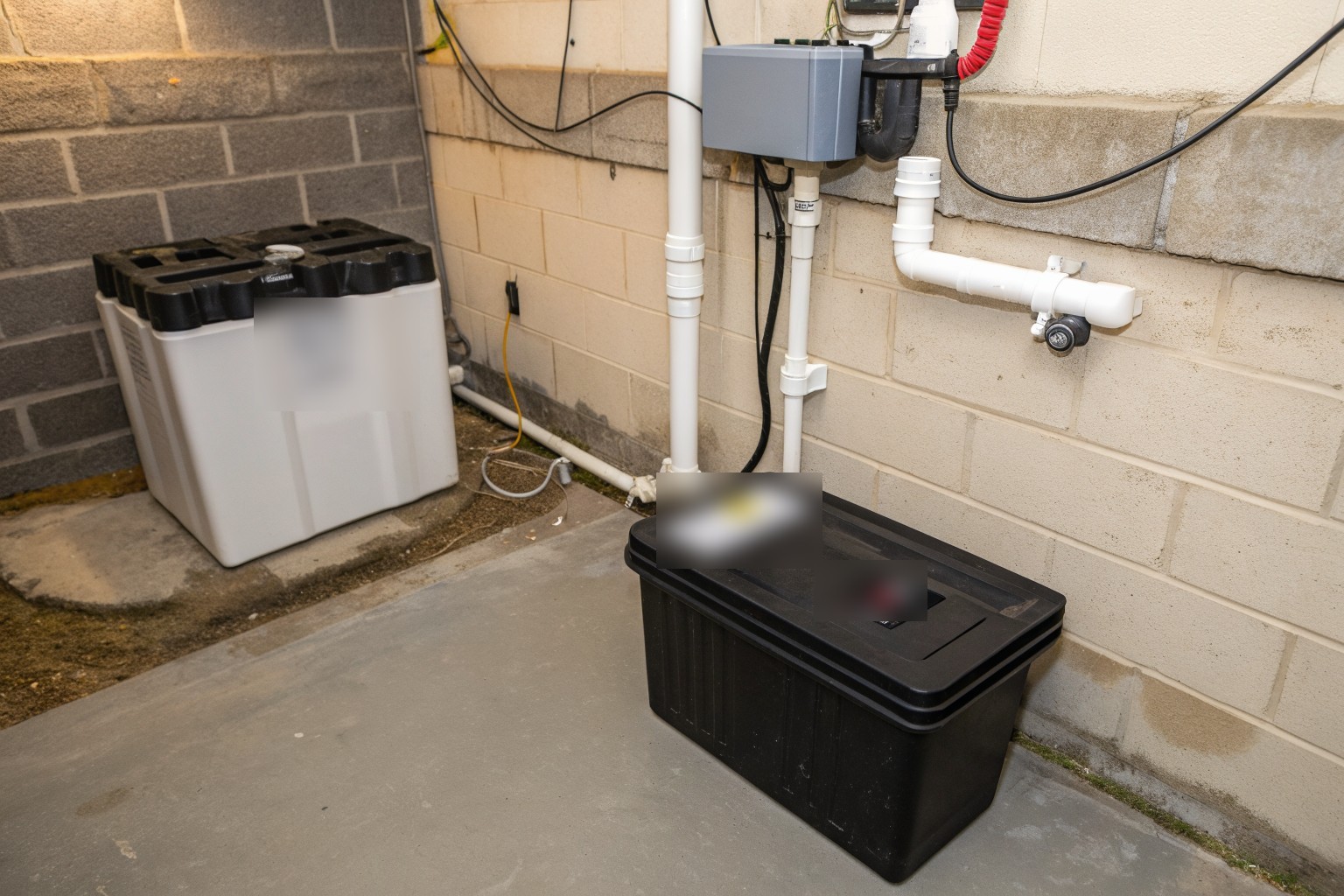 A backup pump controller and battery cases beside a white discharge pipe in a basement corner