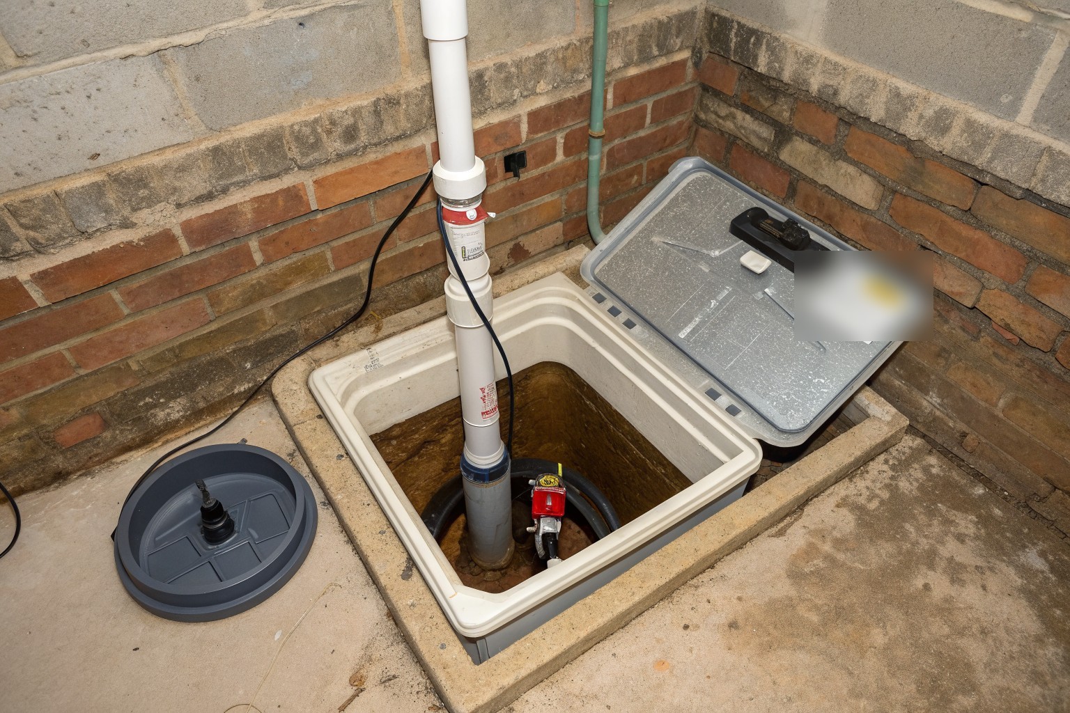 An open sump basin in a basement corner with a pump and a white discharge pipe up the brick wall