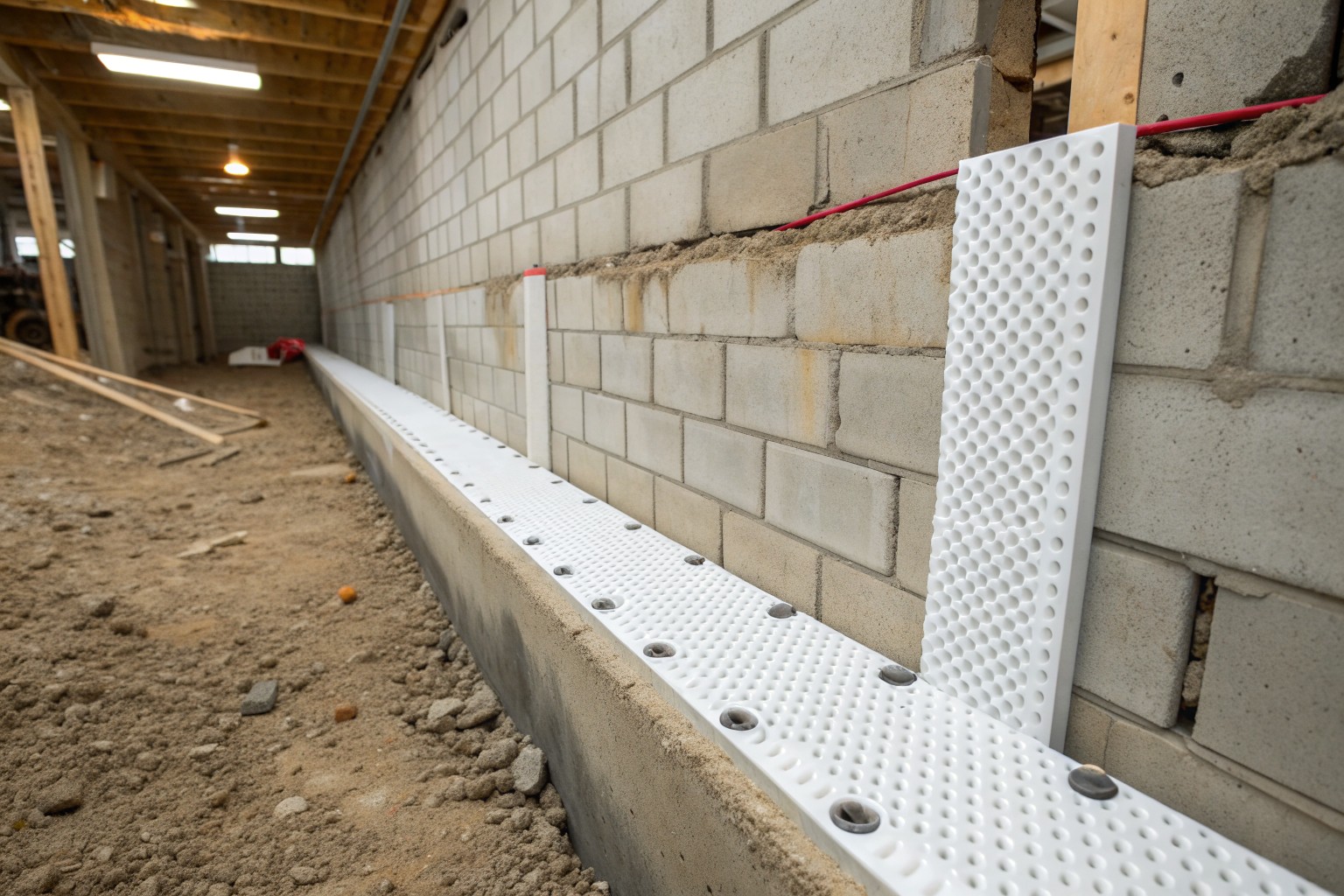 White dimpled drainage membrane along the lower part of a block basement wall
