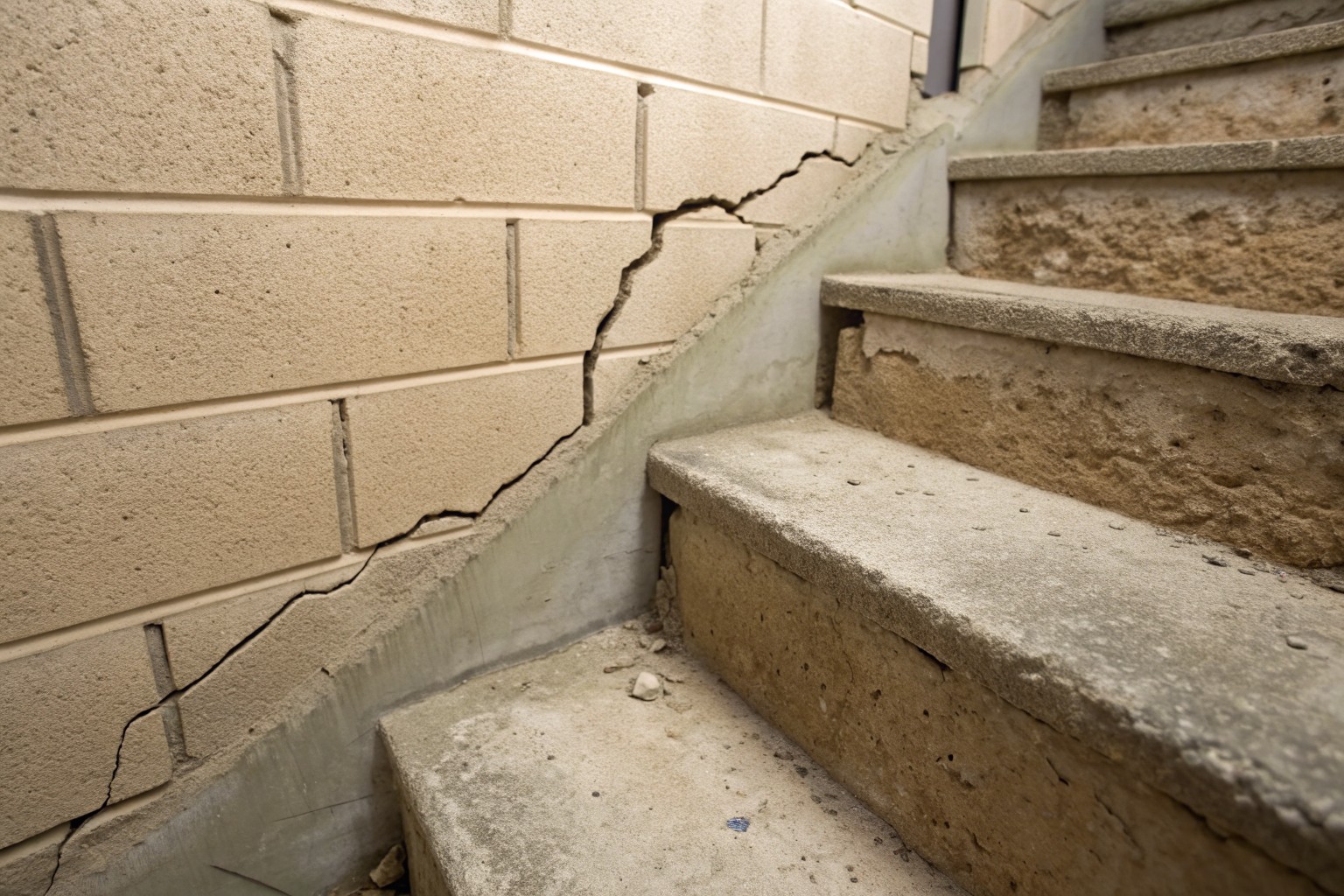 A stair-step crack through the mortar joints of a concrete block basement wall