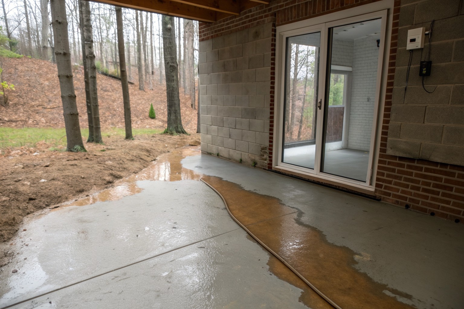 A thin sheet of muddy rainwater along the base of a brick wall in a walkout basement
