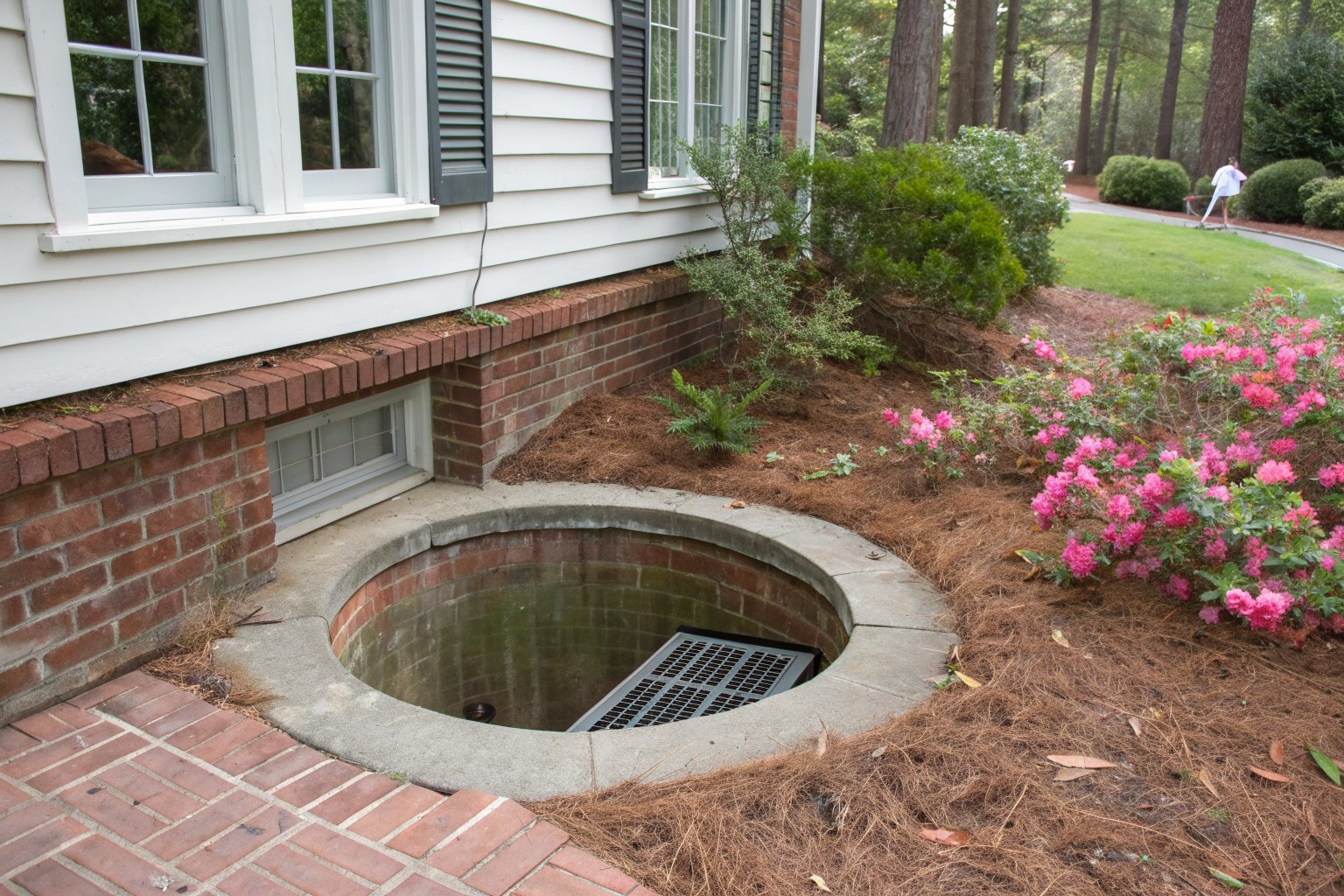 A round concrete window well with a drain grate beside a brick foundation, framed by pine straw and azaleas